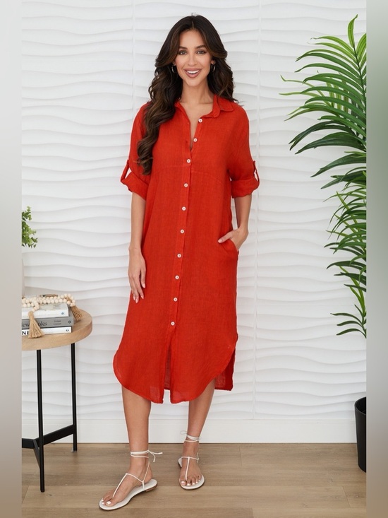 Milio Milano Dresses & Skirts - (60601-SOL-RED) SOLID MIDI-LENGTH BUTTON DOWN LINEN DRESS